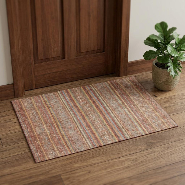 3' X 5' Rust Gold And Gray Striped Washable Area Rug With UV Protection