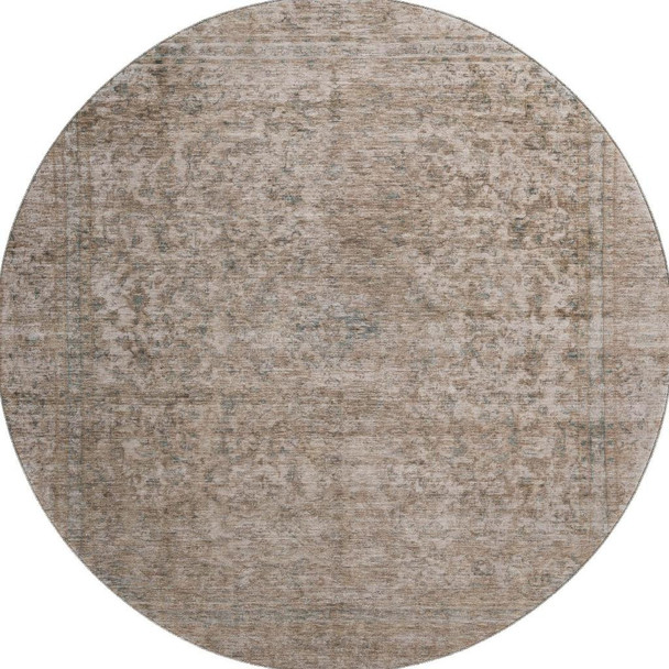 8' Brown And Beige Oriental Washable Round Rug With UV Protection