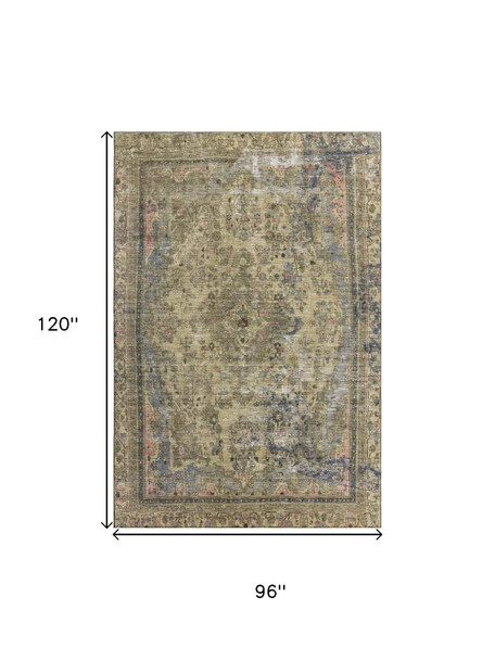 8' X 10' Artichoke Green Gold And Gray Floral Medallion Washable Area Rug With UV Protection