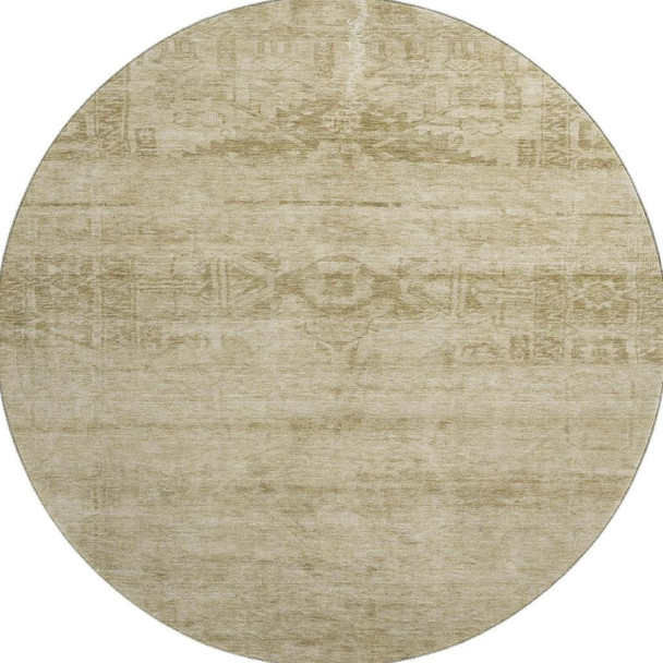 8' Beige And Taupe Oriental Washable Round Rug With UV Protection