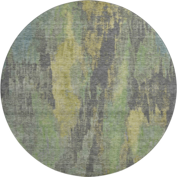 8' Green Gray And Gold Abstract Washable Round Rug With UV Protection