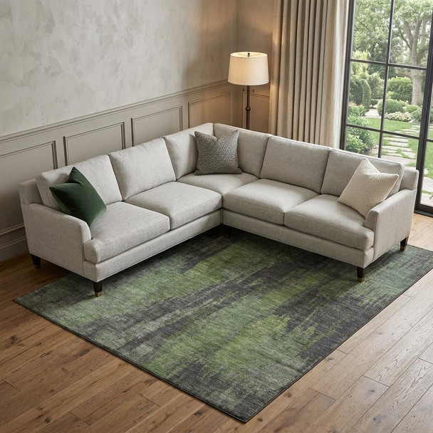 8' X 10' Olive Green Charcoal And Gray Abstract Washable Area Rug With UV Protection