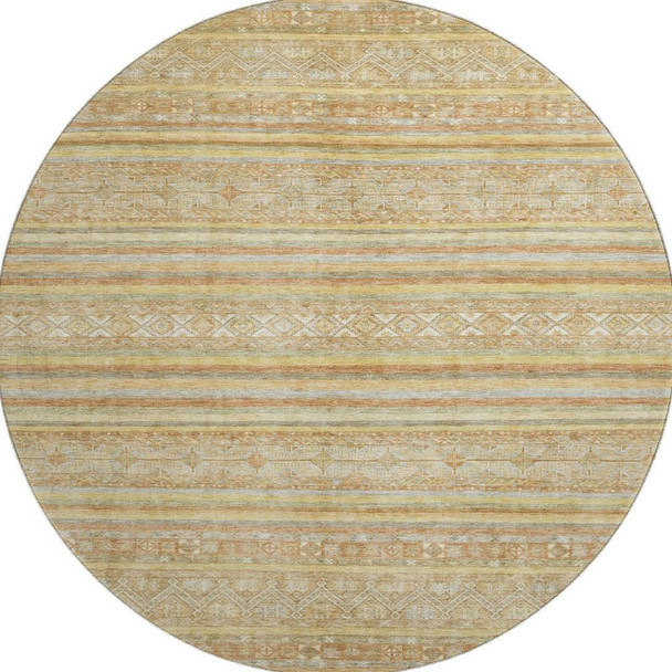 8' Wheat Beige And Gold Striped Washable Round Rug With UV Protection