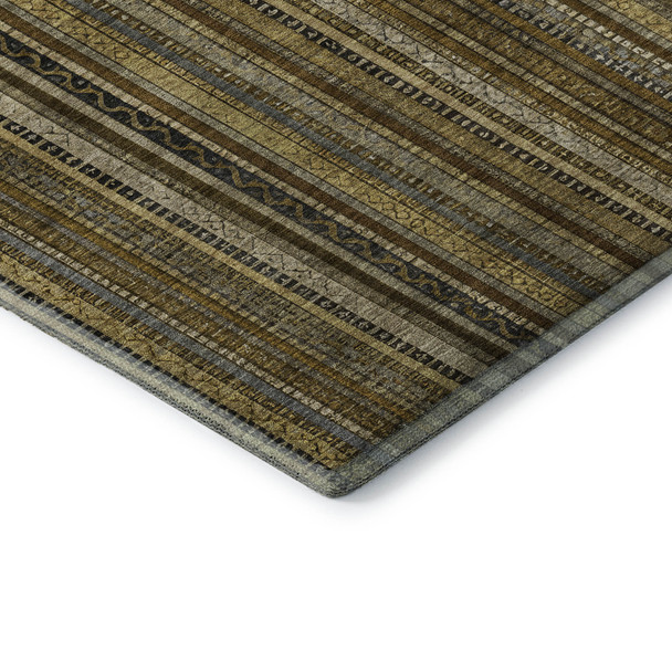9' X 12' Brown Beige And Gray Striped Washable Area Rug With UV Protection