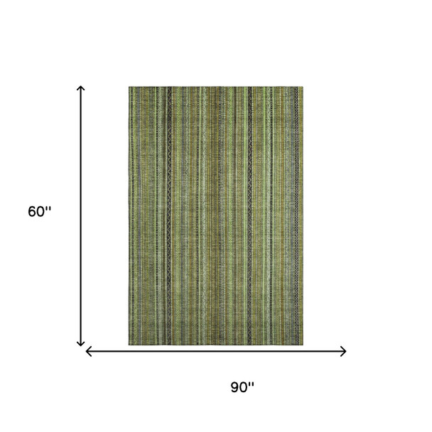 5' X 8' Green Gray And Gold Striped Washable Area Rug With UV Protection