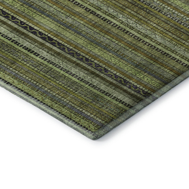 9' X 12' Green Gray And Gold Striped Washable Area Rug With UV Protection
