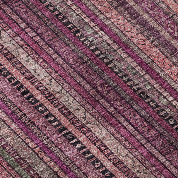 8' Pink Gray And Mauve Striped Washable Round Rug With UV Protection