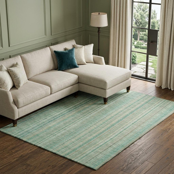 9' X 12' Aqua Beige And Teal Striped Washable Area Rug With UV Protection