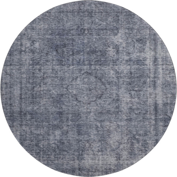 8' Blue And Gray Abstract Washable Round Rug With UV Protection