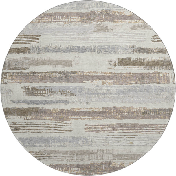 8' Linen Gray And Ivory Striped Washable Round Rug With UV Protection