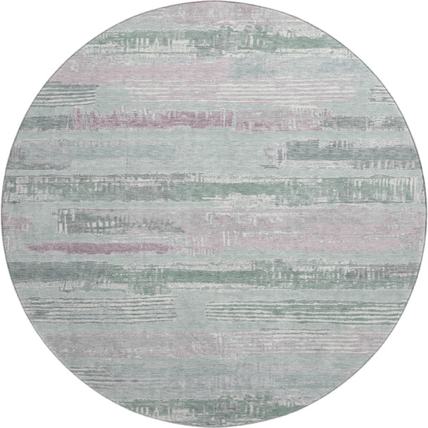 8' Pale Aqua Sage And Ivory Striped Washable Round Rug With UV Protection