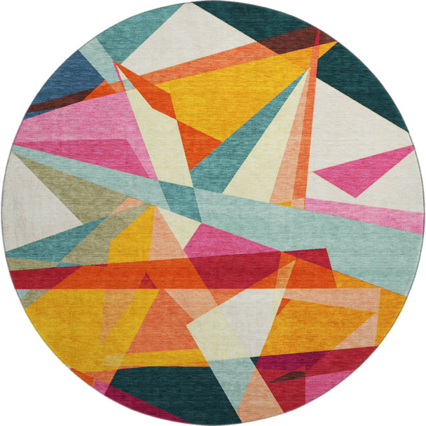 8' Ivory Orange And Pink Geometric Washable Round Rug With UV Protection
