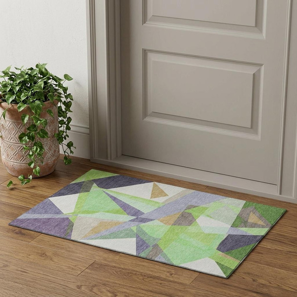 3' X 5' Lavender Green And Ivory Geometric Washable Area Rug With UV Protection