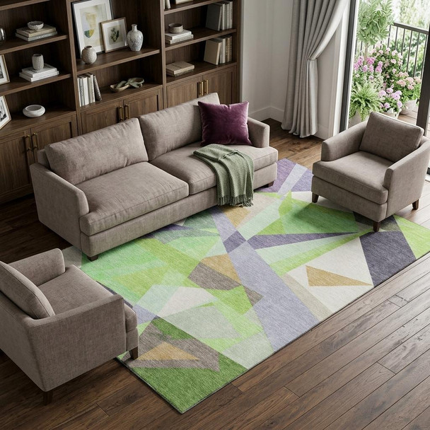 10' X 14' Lavender Green And Ivory Geometric Washable Area Rug With UV Protection