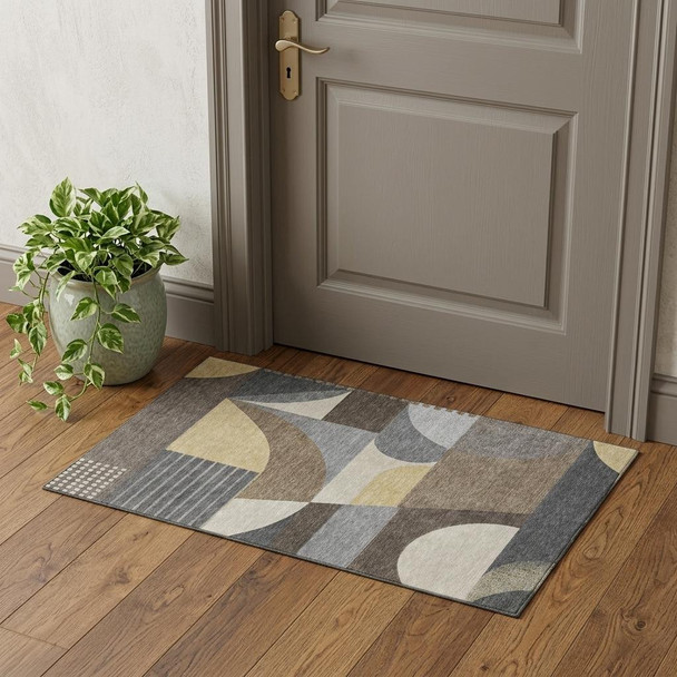 3' X 5' Brown Gray And Ivory Geometric Washable Area Rug With UV Protection