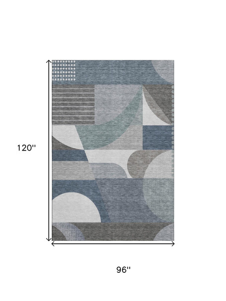 8' X 10' Gray Blue And Ivory Geometric Washable Area Rug With UV Protection