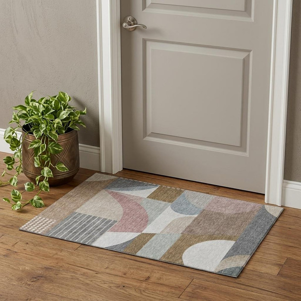 3' X 5' Coffee Mauve And Ivory Geometric Washable Area Rug With UV Protection