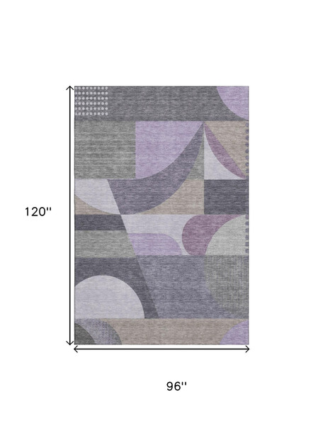 8' X 10' Purple Gray And Beige Geometric Washable Area Rug With UV Protection