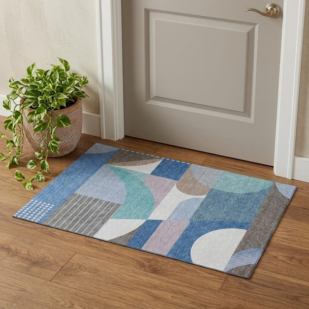 3' X 5' Sky Blue Teal And Ivory Geometric Washable Area Rug With UV Protection