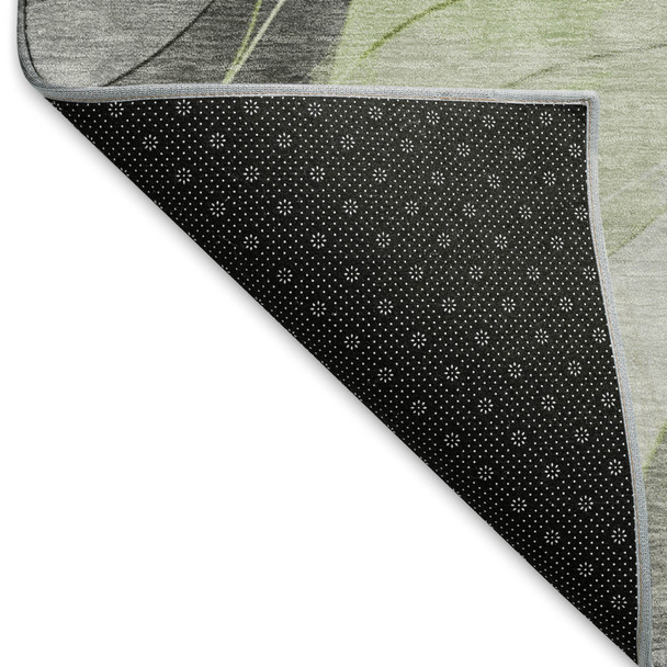 8' Artichoke Green Gray And Silver Abstract Washable Round Rug With UV Protection