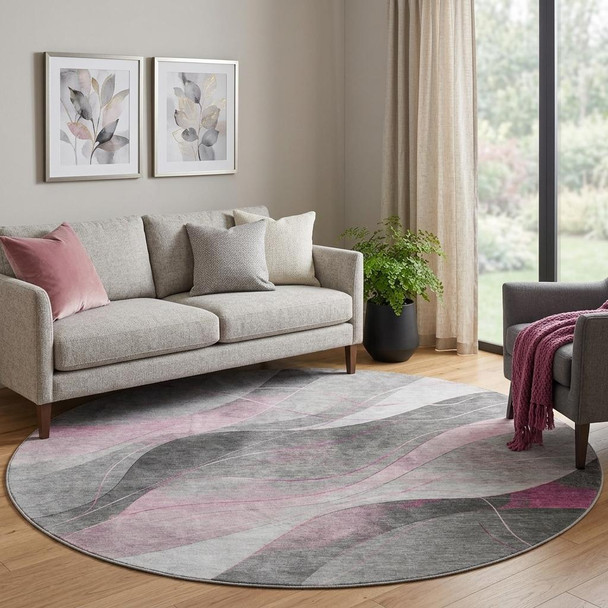 8' Pink Gray And Silver Abstract Washable Round Rug With UV Protection
