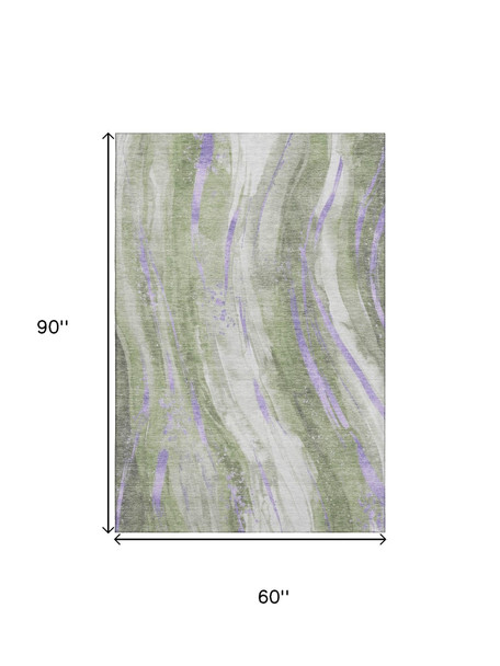 5' X 8' Olive Green Lavender And Ivory Abstract Washable Area Rug With UV Protection