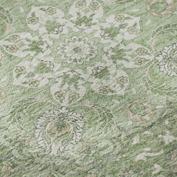 8' Artichoke Green And Ivory Medallion Washable Round Rug With UV Protection