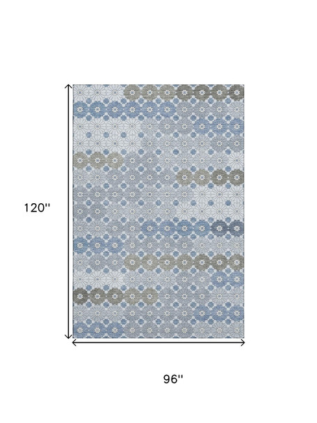 8' X 10' Denim Blue Gray And Silver Geometric Washable Area Rug With UV Protection