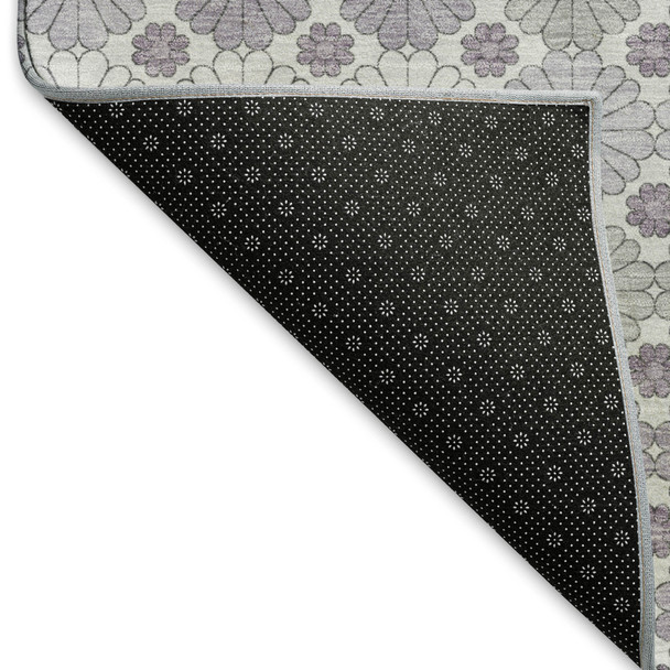 8' Lavender Gray And Silver Geometric Washable Round Rug With UV Protection