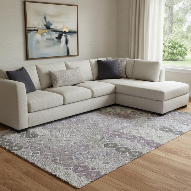 8' X 10' Lavender Gray And Silver Geometric Washable Area Rug With UV Protection