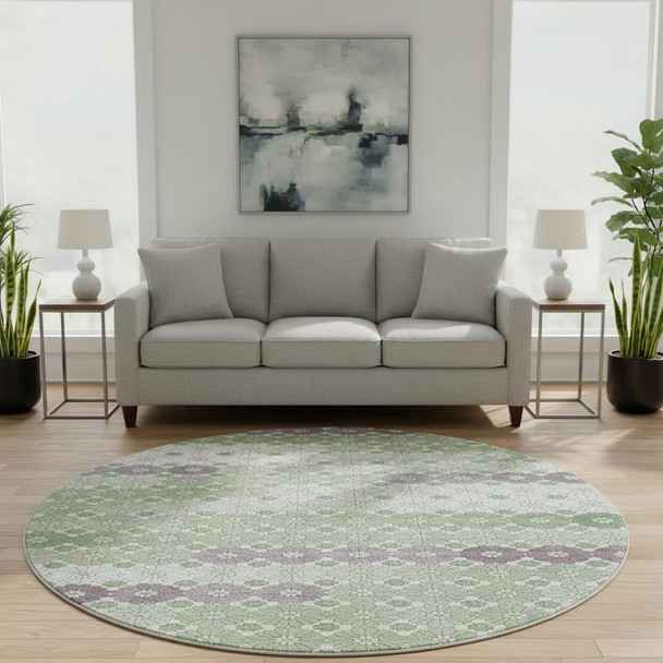 8' Sage Purple And Ivory Geometric Washable Round Rug With UV Protection