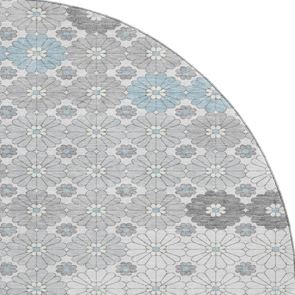 8' Silver Gray And Blue Geometric Washable Round Rug With UV Protection