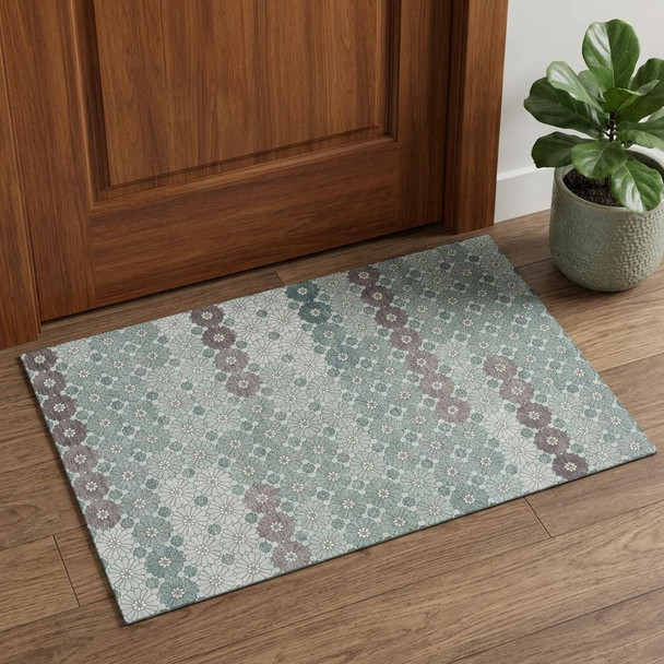 3' X 5' Teal Gray And Silver Geometric Washable Area Rug With UV Protection