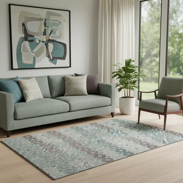 5' X 8' Teal Gray And Silver Geometric Washable Area Rug With UV Protection