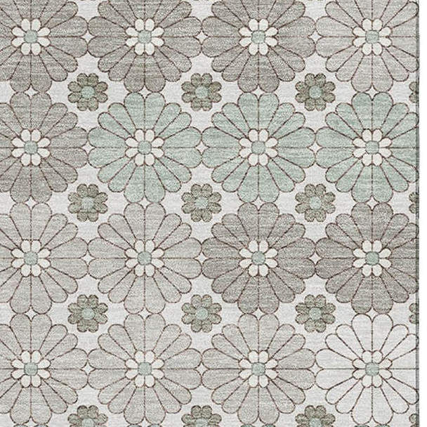 5' X 8' Taupe Beige And Teal Geometric Washable Area Rug With UV Protection
