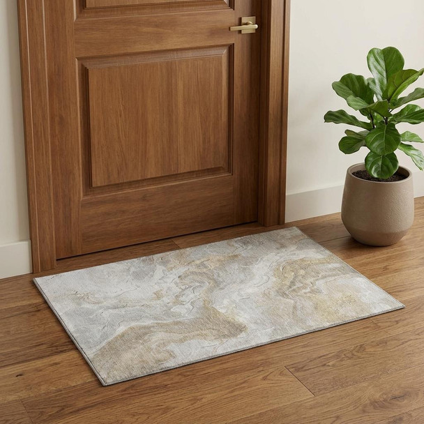 3' X 5' Ivory Tan And Beige Abstract Washable Area Rug With UV Protection