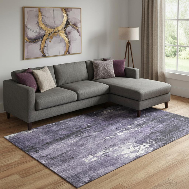 10' X 14' Purple Charcoal And Ivory Abstract Washable Area Rug With UV Protection