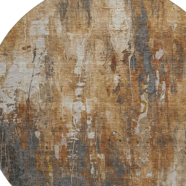 8' Rust Charcoal And Ivory Abstract Washable Round Rug With UV Protection