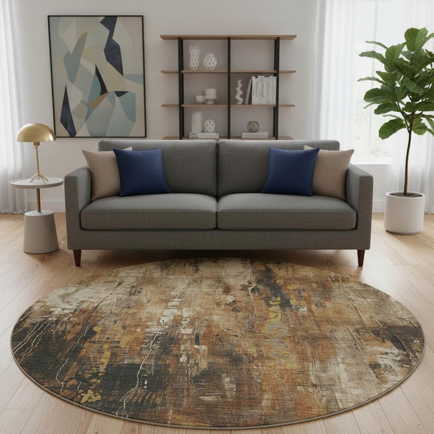 8' Taupe Copper And Ivory Abstract Washable Round Rug With UV Protection