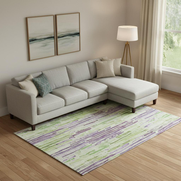 9' X 12' Artichoke Green Lavender And Ivory Striped Washable Area Rug With UV Protection