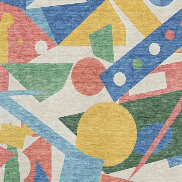 9' X 12' Blue Yellow And Coral Geometric Washable Area Rug With UV Protection