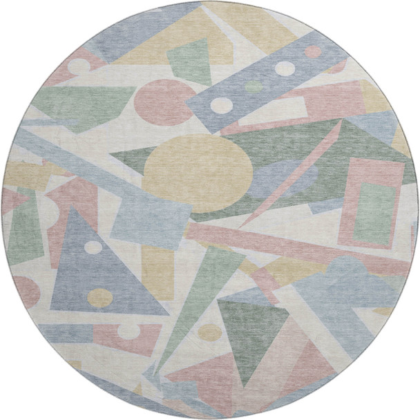 8' Sky Blue Ivory And Blush Geometric Washable Round Rug With UV Protection