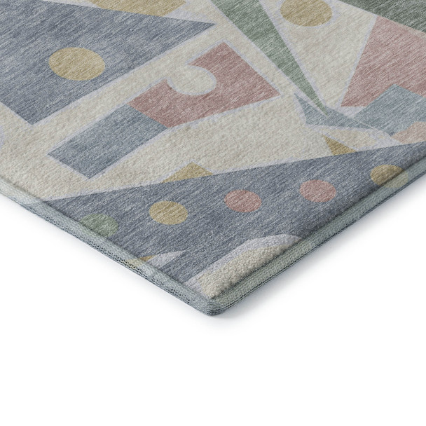 9' X 12' Sky Blue Ivory And Blush Geometric Washable Area Rug With UV Protection