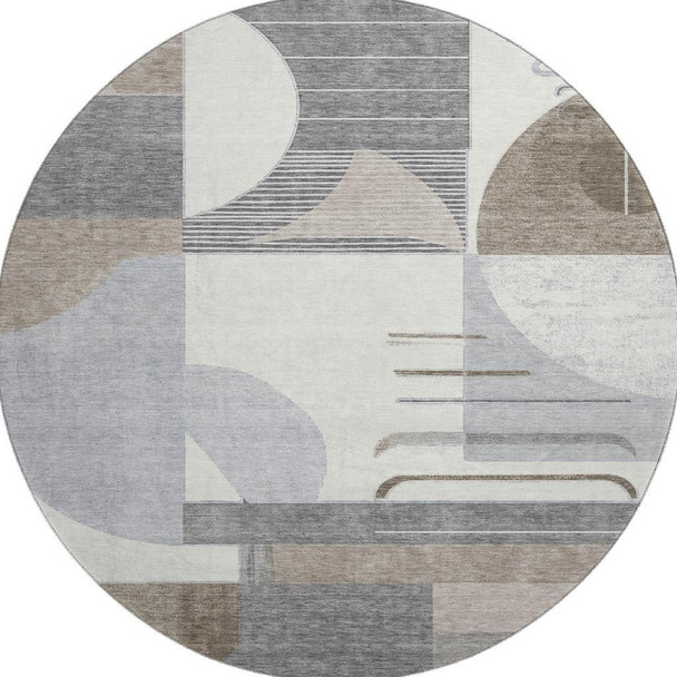 8' Taupe Ivory And Gray Geometric Washable Round Rug With UV Protection