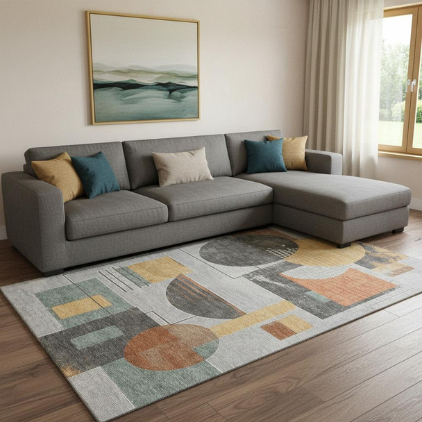 8' X 10' Gray Orange And Gold Geometric Washable Area Rug With UV Protection