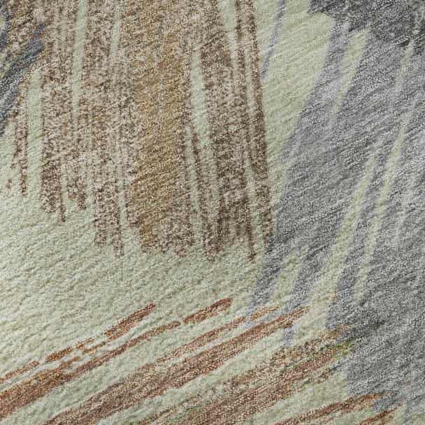 9' X 12' Artichoke Green Copper And Gray Striped Washable Area Rug With UV Protection