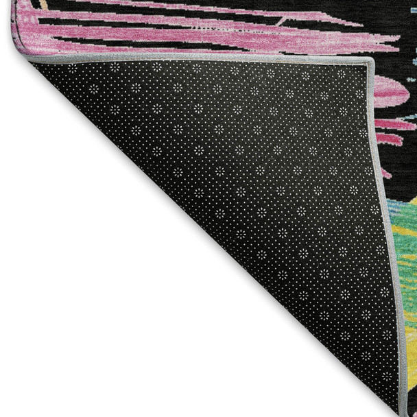5' X 8' Black Pink And Yellow Striped Washable Area Rug With UV Protection
