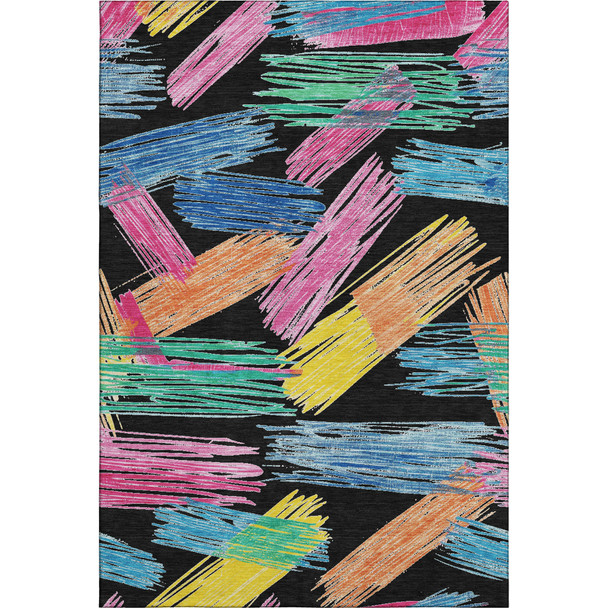 10' X 14' Black Pink And Yellow Striped Washable Area Rug With UV Protection