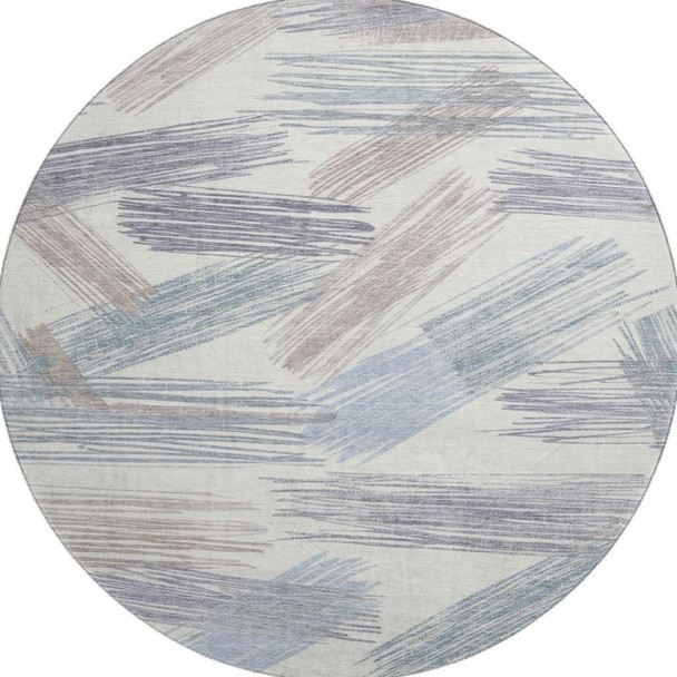8' Ivory Blue And Taupe Striped Washable Round Rug With UV Protection