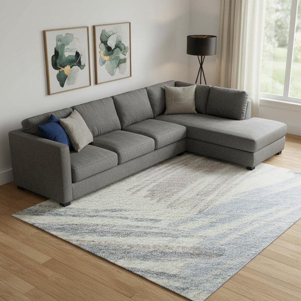 10' X 14' Ivory Blue And Taupe Striped Washable Area Rug With UV Protection